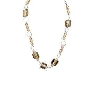 Glass Beaded Clear Fused Square Chunky Beads Necklace Gold Tone